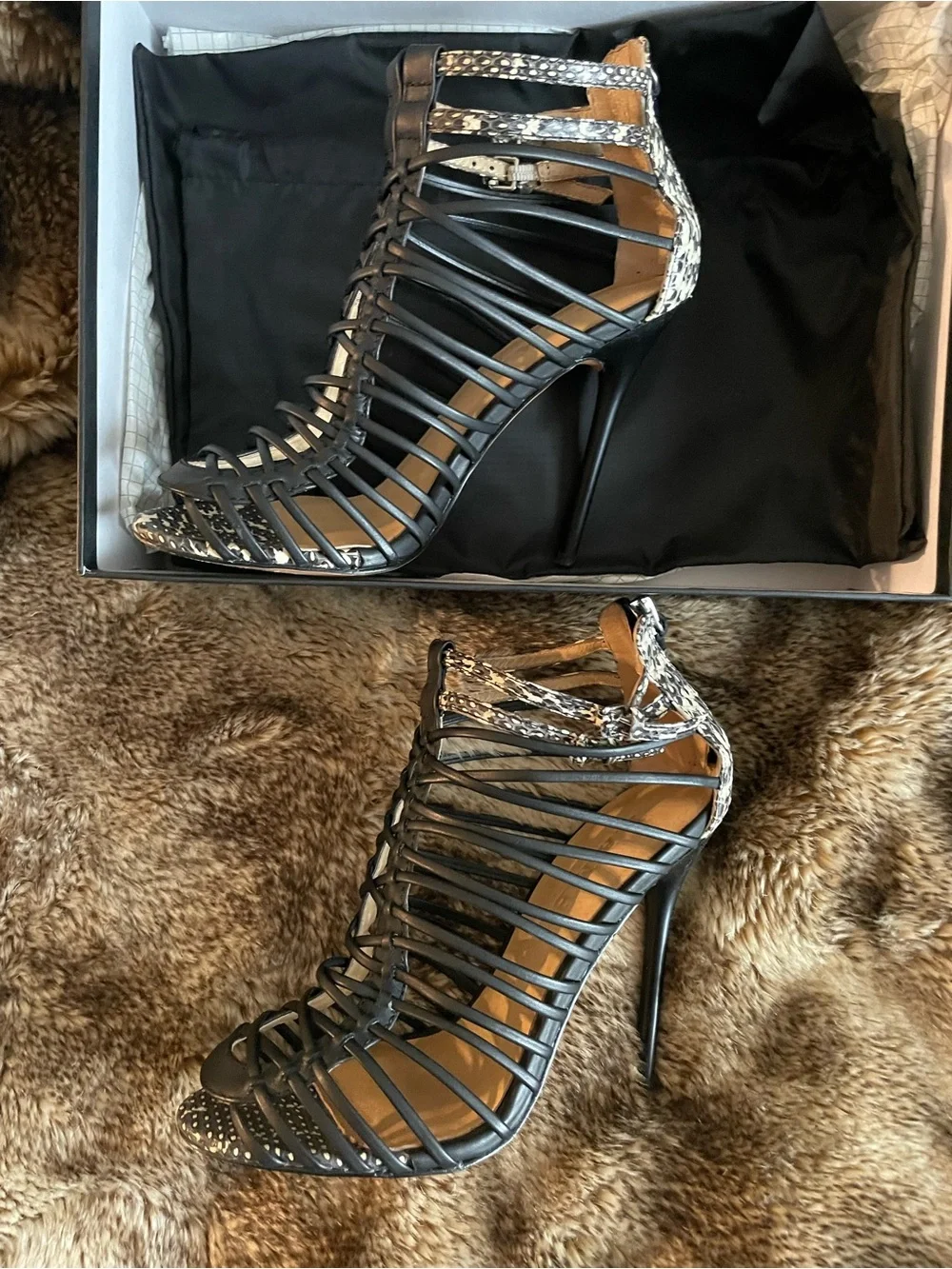 L.A.M.B. Black/Snake print stiletto cage style heels; 7; leather - Picture 3 of 8